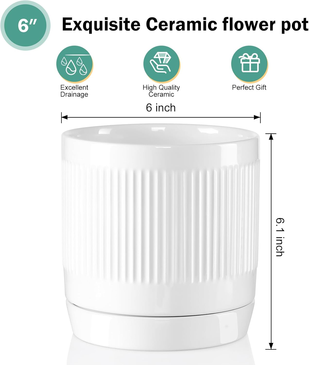 Vanavazon Ceramic Planter Pots for Indoor Plants with Drainage Hole and Saucer,6 Inch Cylinder Plant Pots,Glazed Finish Interior and Exterior,Set of 2 (White)