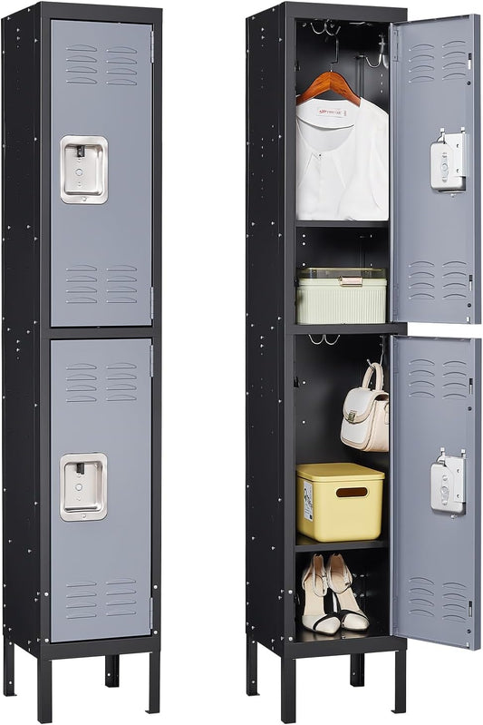 Metal Storage Locker, Lockable Employees Metal Locker with 2 Doors, 65.98" Height Steel Locker for Home, Dressing Room, Office, Gym (Black Grey)