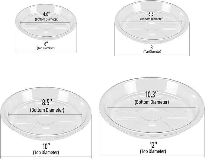 BORPEIN Plant Saucer (6,8,10inch, 18 Pack) Clear Plastic Plant Trays for Pots Indoors Outdoors,Thicker Flower Pot Saucers, Plant Plate to Catch Water