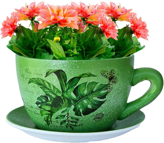 7.5" Ceramic Teacup Planter Pot with Saucer | Ideal for Succulents, Orchids, Herbs & Flowers | Indoor & Outdoor Use | Thoughtful Gift for Birthday or Wedding & More - Green - Palm Leaves