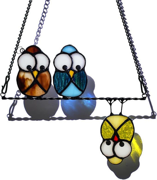 Owl Bird Gifts for Bird Lovers Stained Glass Suncatchers for Windows,Bird Decor Stained Glass Window Hangings,Owl Ornament Housewarming Gifts Owl Gifts for Women Owl Lover