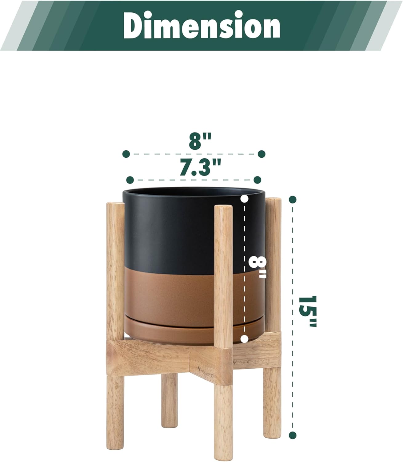 D'vine Dev Ceramic Planter with Natural Stand - 8 Inch Modern Round Flower Pot with Wood Planter Holder, Black/Speckled Tan, 55-B-N-7