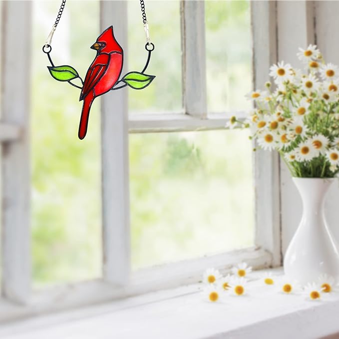 Cardinal Suncatcher, Small Stained Glass Birds Window Hanging Decoration