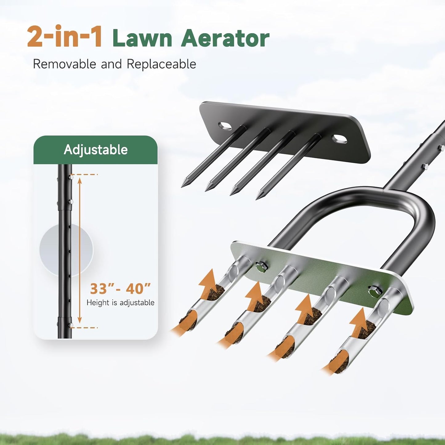 2-in-1 Lawn Aerator, Core Aerator Lawn Tool, Lawn Spike Aerator, Hand Aerator Lawn Tool with Replaceable Hollow and Solid Tines, Garden Tool Solve Soil Compaction for Garden Grass and Yard