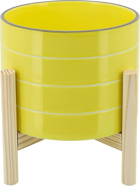 Sagebook Home 8" Planter on Stand - Ceramic Planter on Wooden Base - Contemporary Yellow and White Striped Design Indoor or Outdoor Plant Stand Decor