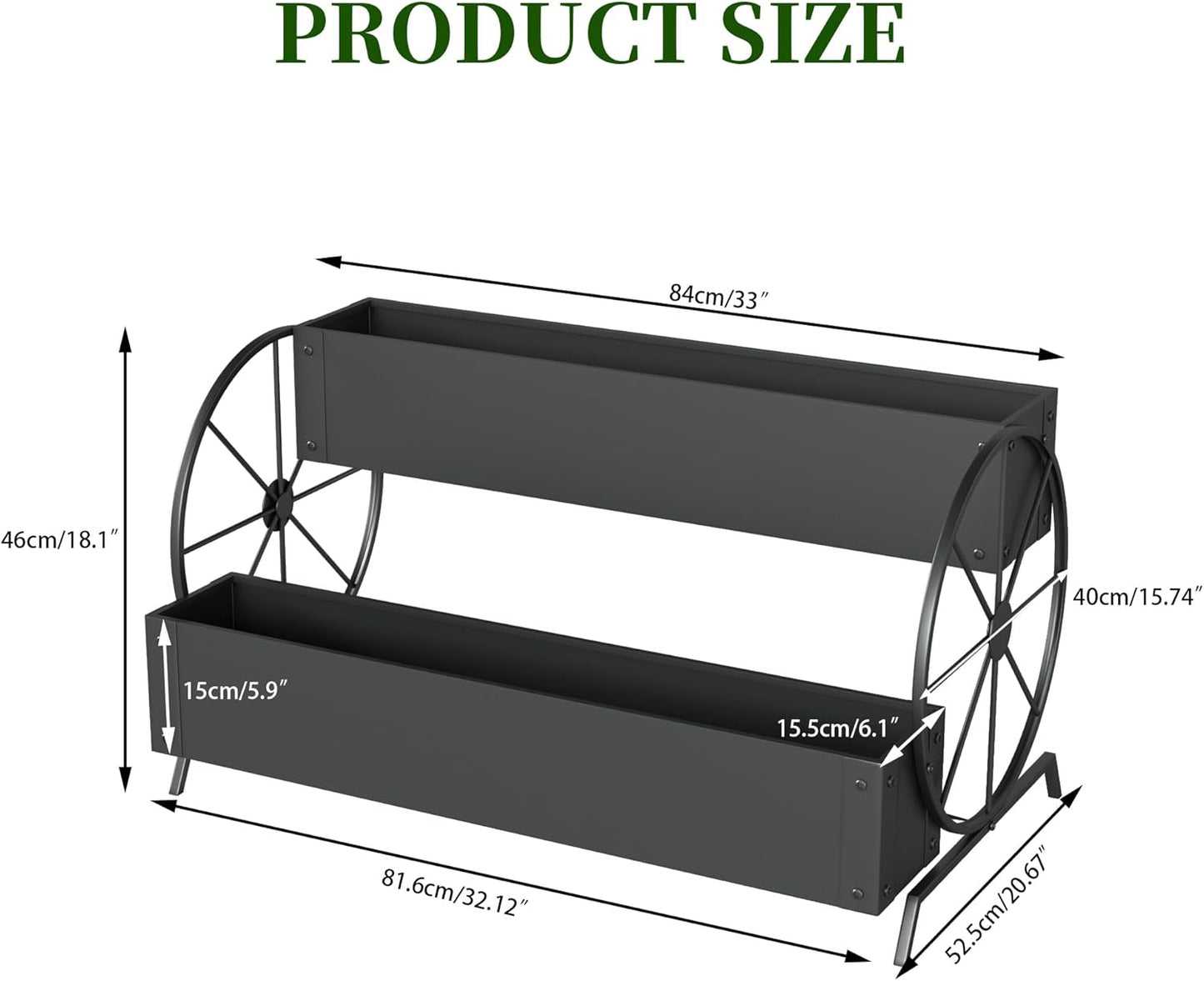 Metal Wagon Planter Box, 2-Tier Garden Planter with Wagon Wheels, Decorative Outdoor Planters for Flowers Herbs Vegetables, Flower Cart Small Raised Garden Bed for Patio, Balcony (Black)