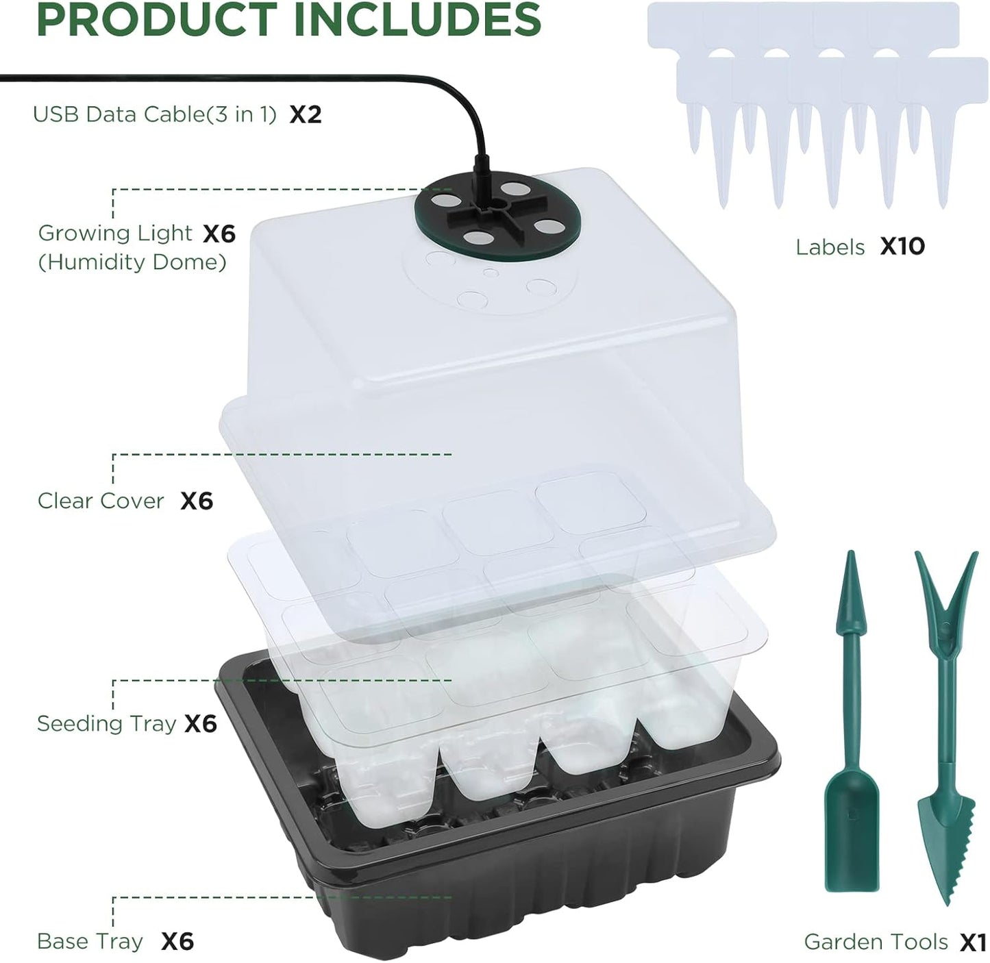 Seedfactor Seed Starter Tray with Light, 6PCS Seed Starter Kit with Grow Light, Seedling Starter Trays with Humidity Domes, Covers Height 3.9", Indoor Gardening Plant Germination Trays
