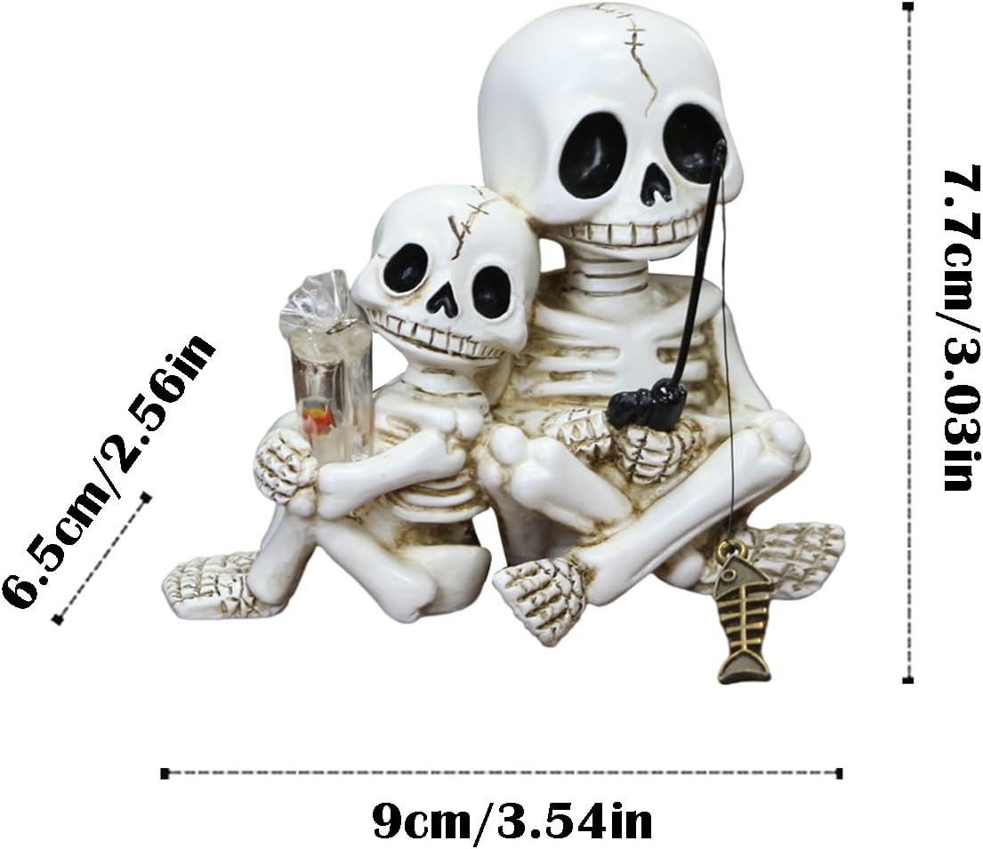 Fishing Skeleton Couple Statue Halloween Decorations, 3.54 Inch Funny Sitting Skull Figurine Shelf Sitter Resin Sculpture for Outdoor Garden Yard Lawn Pond Waterfalls Pool Ornaments