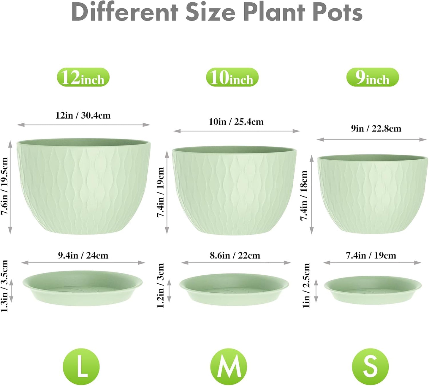 Large Flower Pots 12/10/9 inch, 3 Set Wide Plant Pots for Outdoor Indoor Plants with Water Ripples, Big Plastic Planters with Drainage Holes and Saucers for Garden House Plants, Green