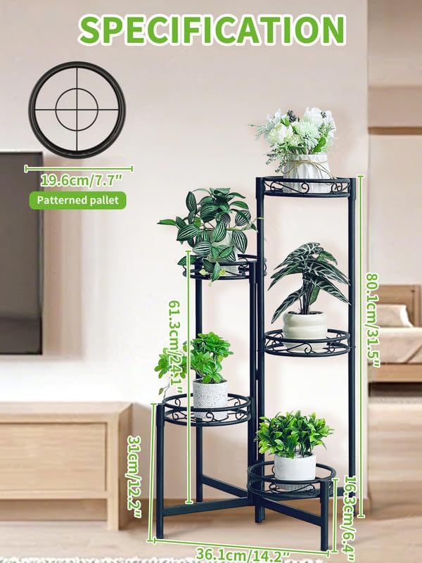 Metal Plant Stand Indoor Outdoor, 5 Tier 5 Potted Multiple Plant Shelf Stands, Wrought Iron Flower Holder Shelf, Folding Tall Rack Shelf for Patio, Balcony, Corner Living Room - BlackCircle