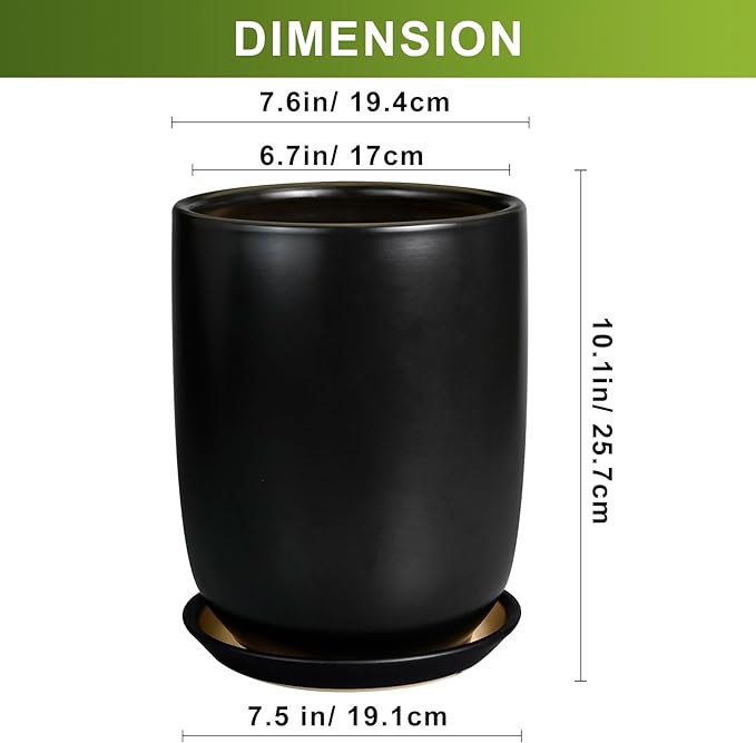 Ceramic Planter 8 Inch - Plant Pot for Indoor Outdoor Plants Cylinder Flower Pot with Drainage Hole and Saucer Black
