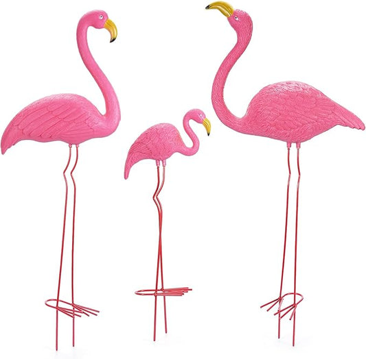 Ohuhu Family Flamingo Yard Ornaments, Set of 3 (32", 31", 19") Bright Pink Flamingos Ornaments with Metal Feet Stakes for Garden Yard Patio Party Decoration, Outdoor Decor Gardening