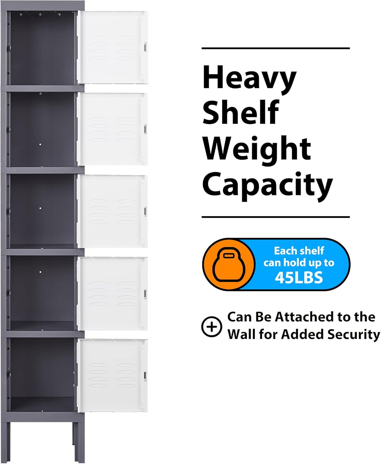 Metal Locker with 5 Doors, 5 Tier Locker Steel Employees Lockers, Tall Steel Storage Lockers for School, Home, Office, Gym(Grey White), (ML-0721)