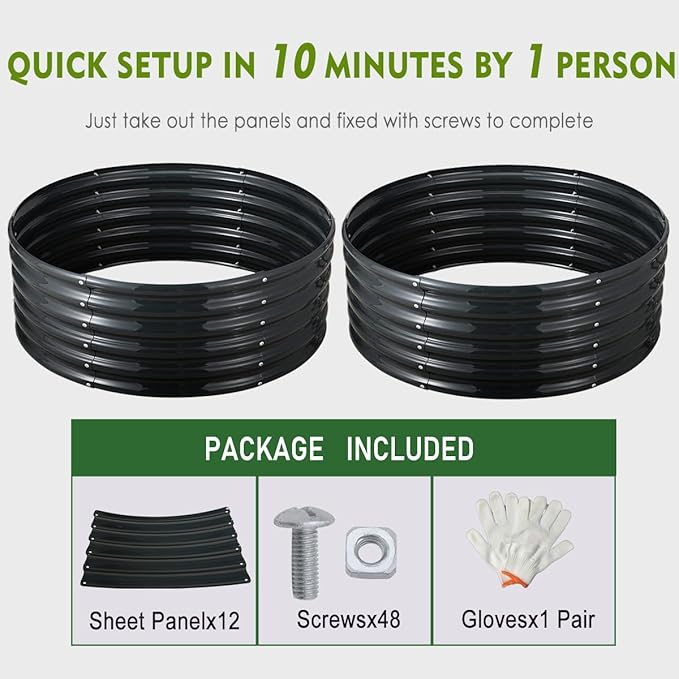 FORTUNO 2 Pcs 2 Ft Round Raised Garden Bed Box Galvanized Metal Outdoor High Flower Bed Steel Patio Ground Planter for Planting Vegetables and Herbs, Dark Grey