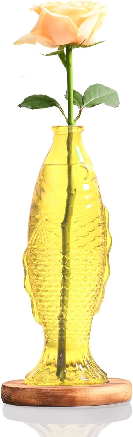Nacome Fish Vase Glass Plant Terrarium with Wooden Stand,Planter Propagation Station for Home Office Hydroponics Desk Decoration,Unique Gardening Gifts for Plant Lovers Women Mom(Yellow)