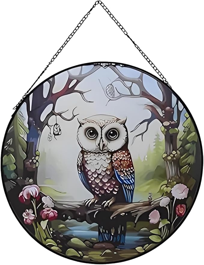 Hanging Stained Glass for Windows,20cm/7.87inch Owl Suncatcher Stained Glass Garden Hangings Ornaments Mother's Day Valentine's Day Halloween Fall Christmas Decor for Home (A Style)