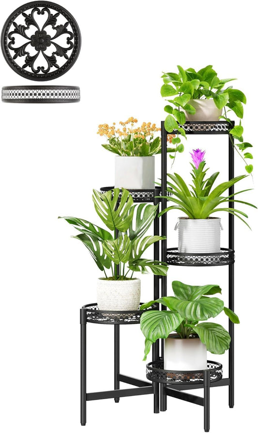 Plant Stand Indoor Outdoor, 5 Tier Corner Metal Flower Display Holder Shelf, Folding Tall Rack for Patio Balcony Porch Garden Living Room House, Heavy Duty Wrought Iron Plant Shelf- BlackWave