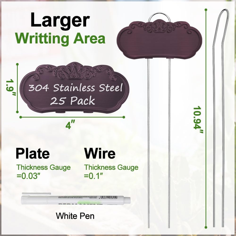 Metal Plant Labels, Tall Outdoor Garden Markers for Flowers, Fruits and Vegetables, 304 Stainless Steel Weatherproof Signs (25 Pack, 4" x 1.9", Purplish Red)