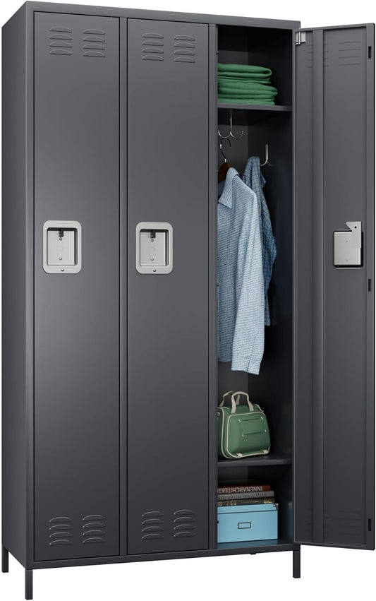 Metal Employee Lockers with 3 Doors,Metal Locker with 9 Hooks for Office Gym Garage Home,Assembly Required,Dark Grey