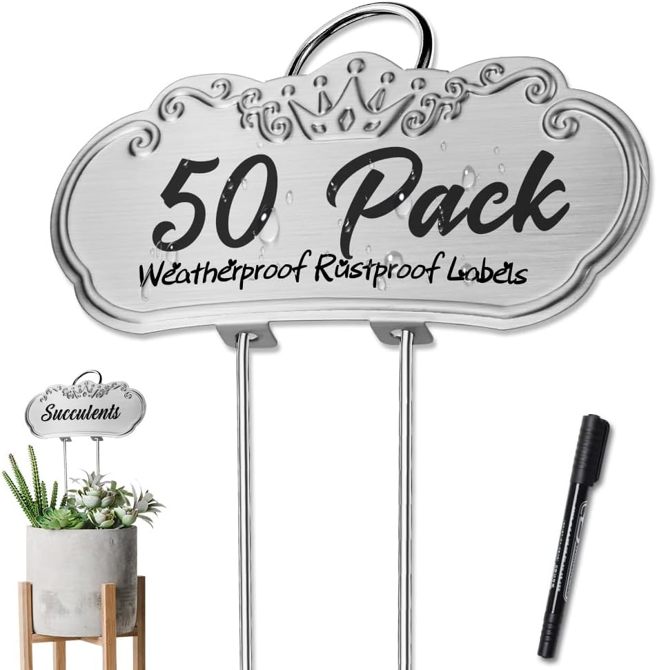 50 Packs Metal Plant Labels, Tall Outdoor Garden Markers for Flowers, Fruits and Vegetables, 304 Stainless Steel Weatherproof Signs (4" x 1.9", Silver)