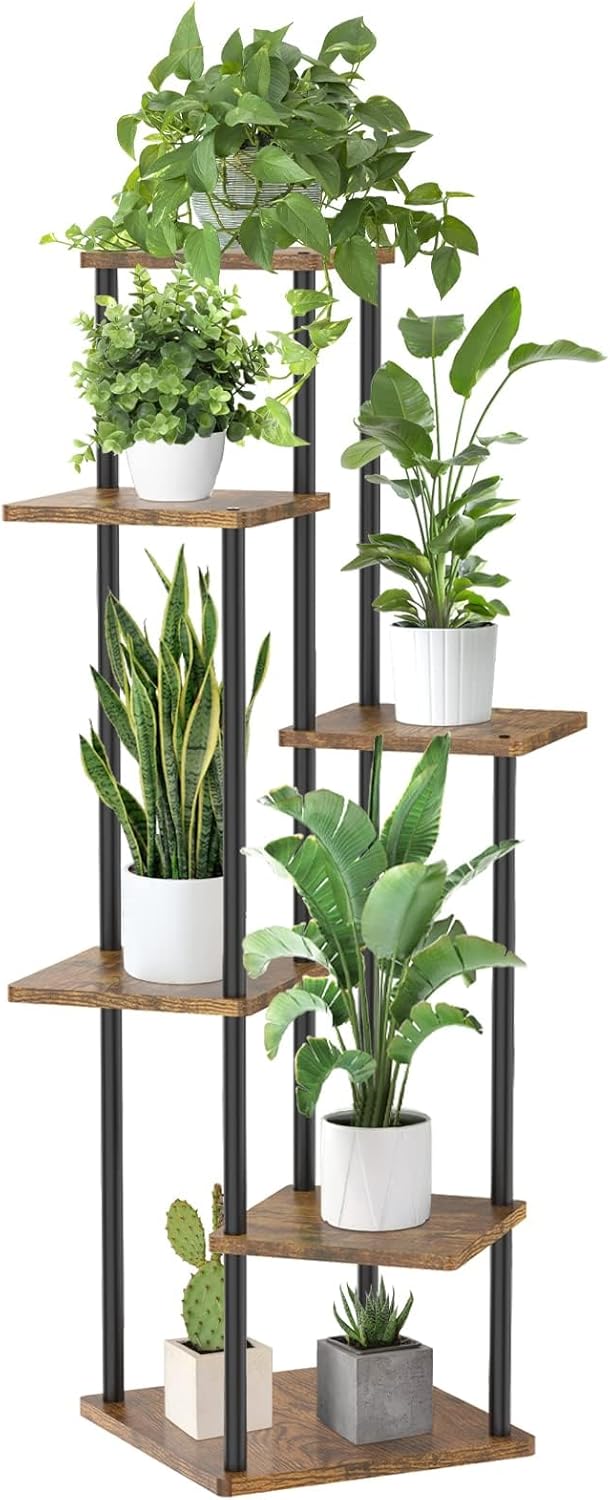 6 Tier Tall Plant Stand Indoor, Large Wood Metal Planter Shelf Holder for Narrow Corner, Sturdy Vertical Multiple Flower Orchid Pot Decorative Rack for House Living Room Bedroom Office, Rustic Black