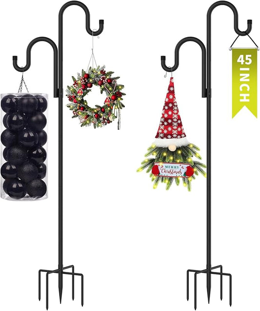 Double Shepherds Hooks for Outdoor, Bird Feeder Pole with 5 Prongs Base, Heavy Duty Garden Hook for Lantern, Wind Chime and Hummingbird Feeder, 45 Inch, 2 Pack