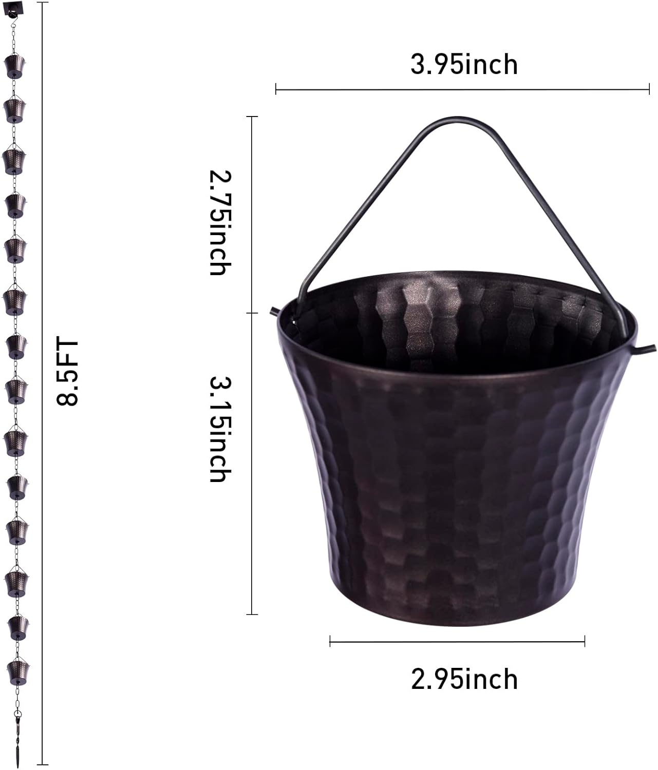 Rain Chains for Gutters with Adapter,Wrought Iron Rain Chain Set 8.5 Ft Not Rust, Gotta Drain with Sturdy Anchoring Stake, 14 Cups, 1 Hook, Adjustable Gutter Downspout for Outdoor Decorative