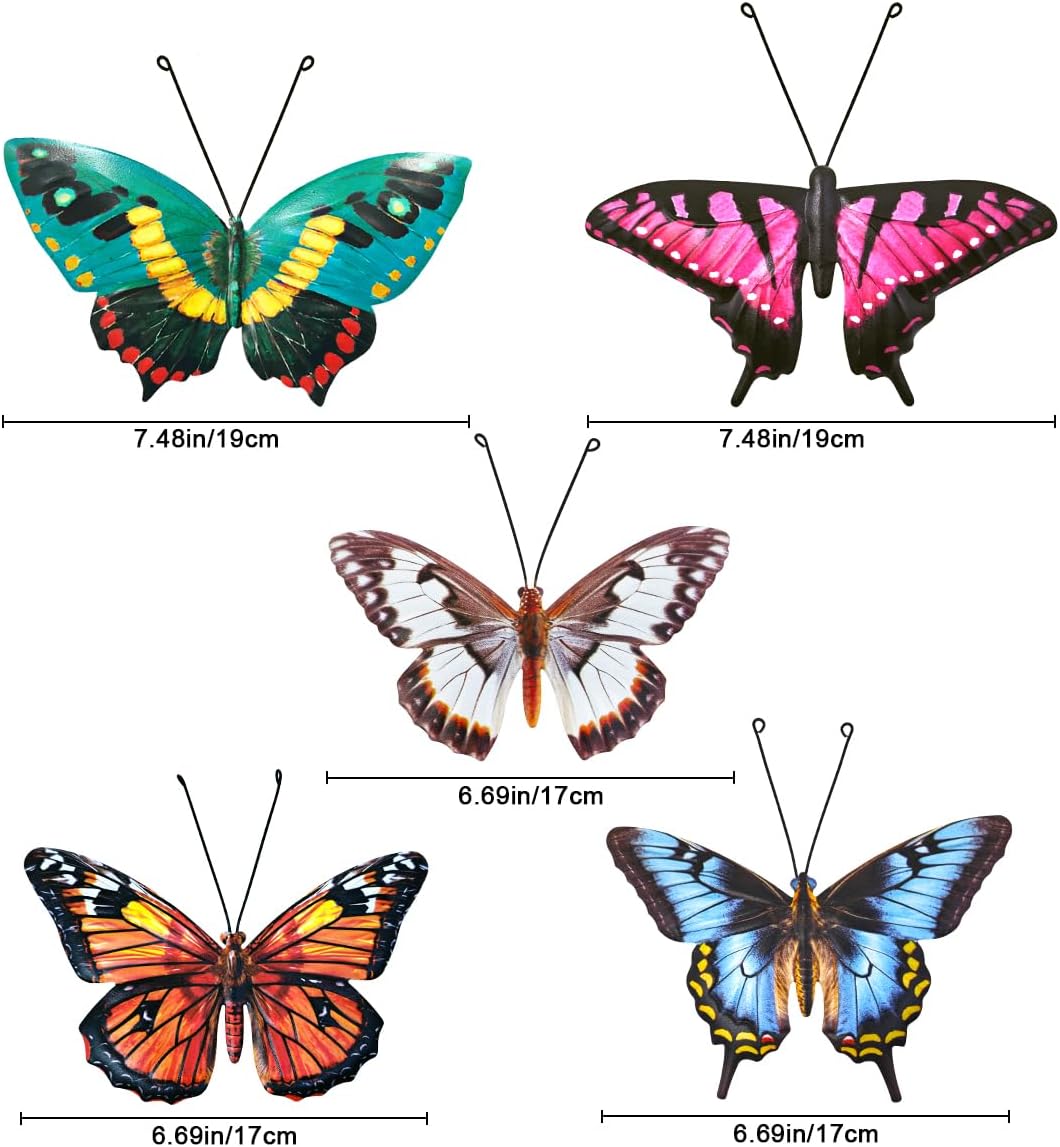 Metal Butterfly Wall Decor - 5 Pack Lifelike Butterflies Wall Art Sculpture Hanging Decorations for Indoor or Outdoor, Yard Patio Fence Garden Decoration