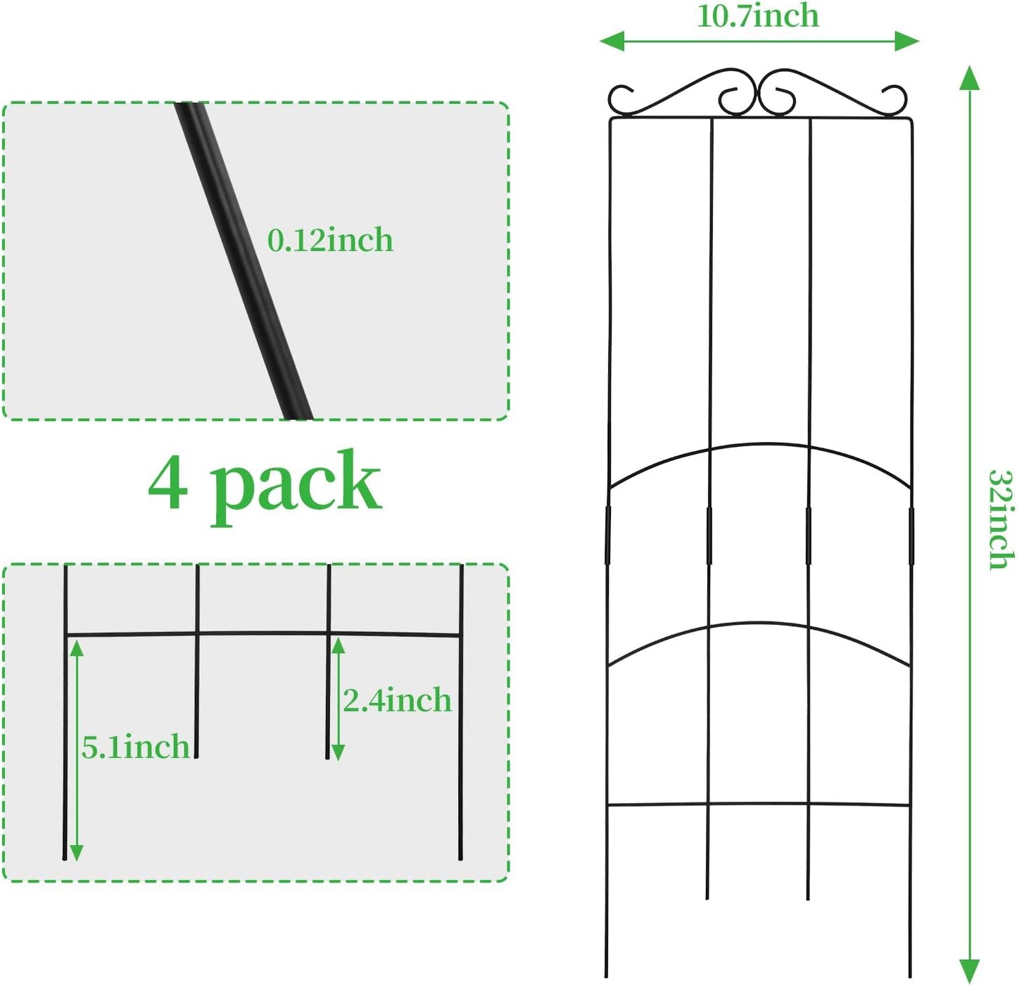 32 Inch Metal Plant Trellis for Climbing Plants Outdoor，4 Pack Garden Trellis for Potted Climbing Plants Indoor Houseplants Flowers Vine Ivy,Black,Rectangle
