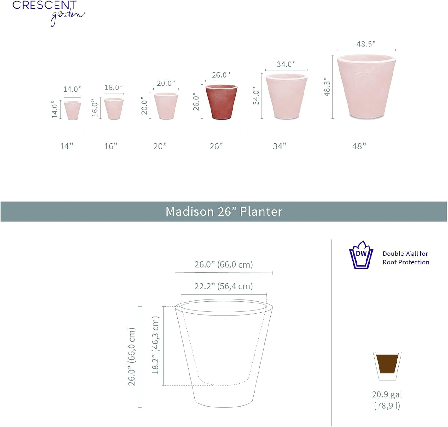 Crescent Garden Madison Planter– Weather-Resistant, Double Walled Indoor/Outdoor Plant Pot with Drain Hole – Large Plastic Plant Pot, 26-Inch (Midnight Blue)