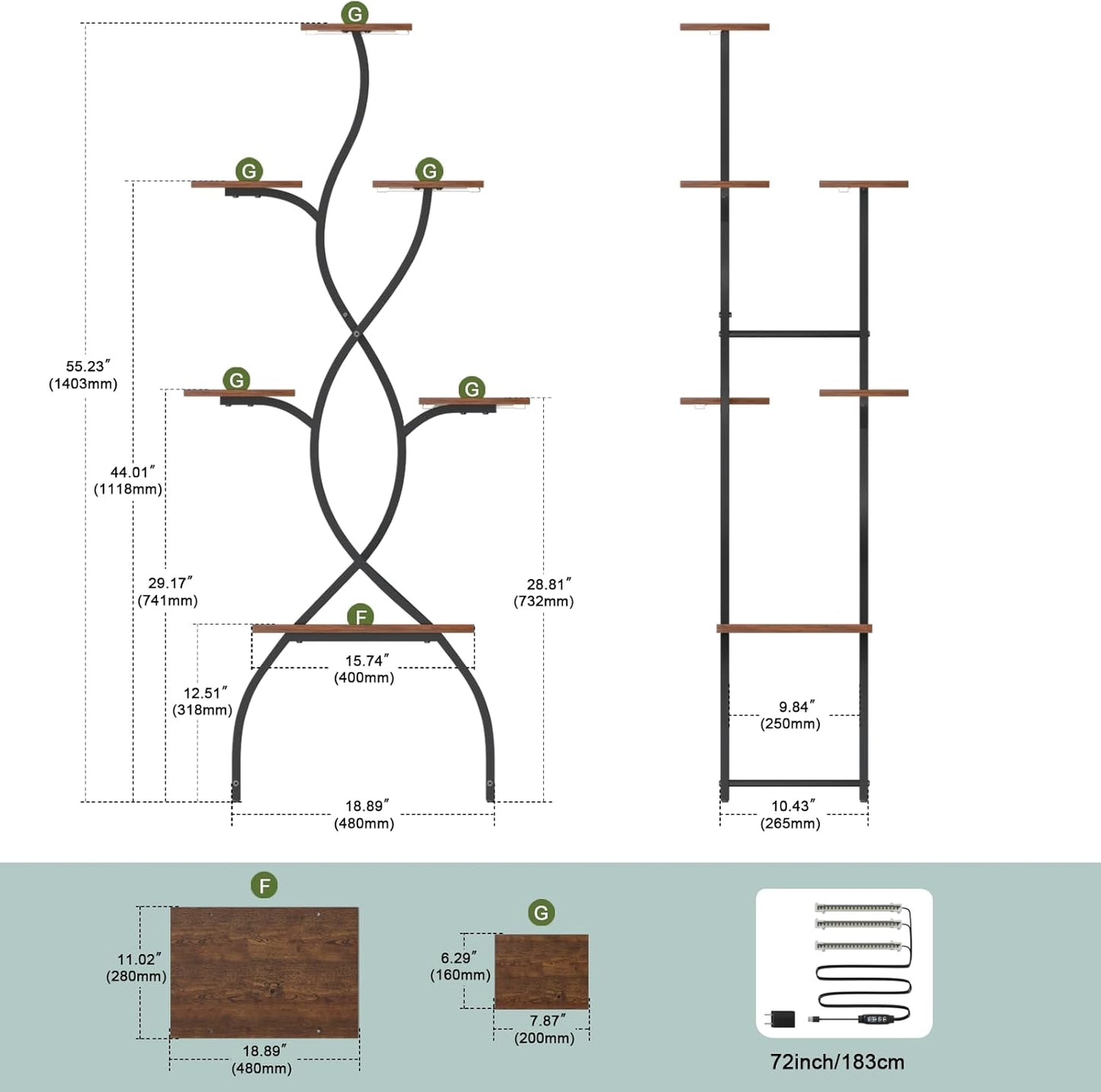 Plant Stand Indoor with Grow Lights, 6 Tiered Plant Shelf with Tree-Shaped Design, Tall Plant Stand for Multiple Plants, Metal Plant Flower Display Shelves, Corner Plant Holder for Home, Patio
