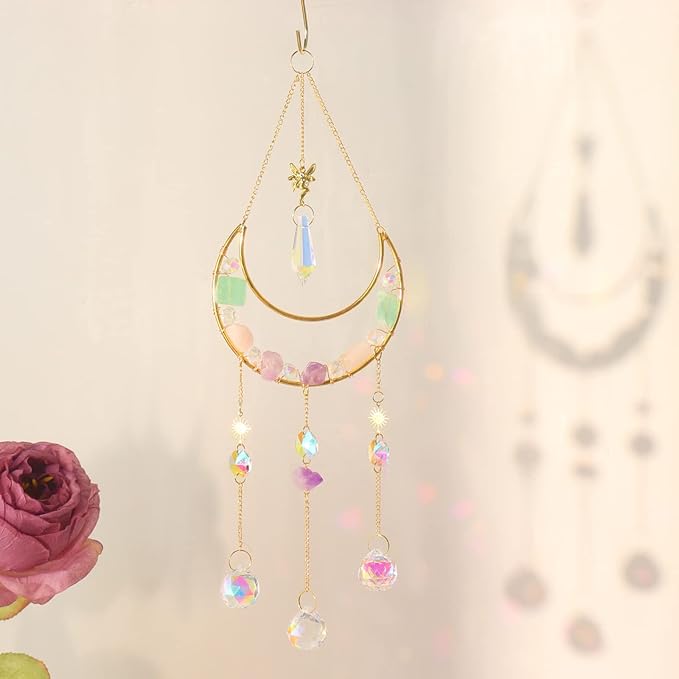 Moon Amethyst Crystals Suncatcher Hanging Windows, Healing Amethyst Fluorite Crystal Decor for Home, Gift for Christmas Birthday Valentine Mothers Day and More (Style 3)