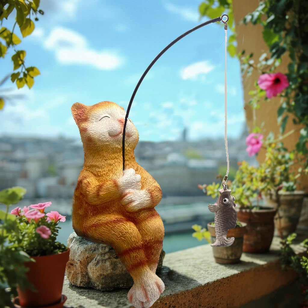 Cat Fishing Statue Garden Decor – 9.8" Weatherproof Resin Cat Fishing Sculpture Decor for Fish Ponds, Koi Ponds, Waterfalls, Poolside & Outdoor Gardens– Resin Figurine for Indoor & Outdoor Décor