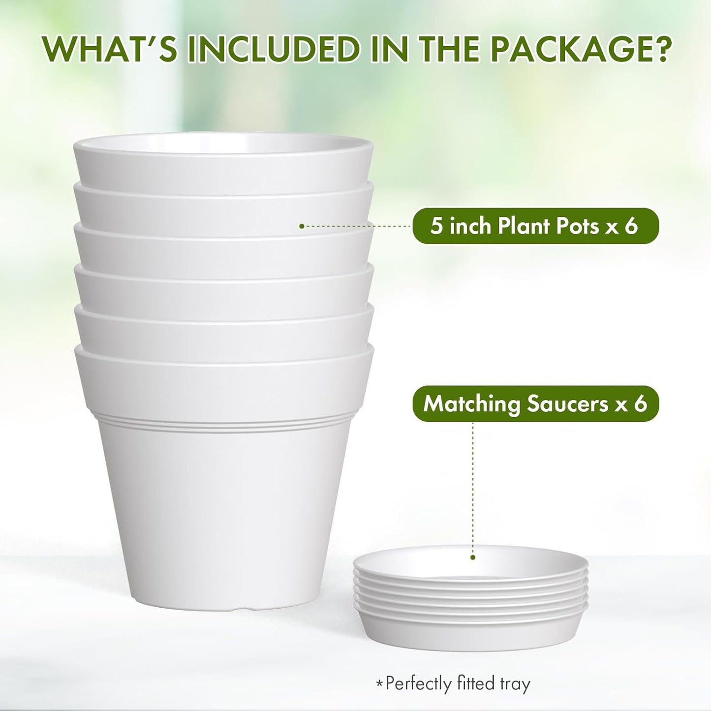 5 Inch Plastic Plant Pots with Drainage Holes and Trays – 6 Pack Small Nursery Pots for Indoor & Outdoor House Plants and Flowers, Seedling Starter Planters, White