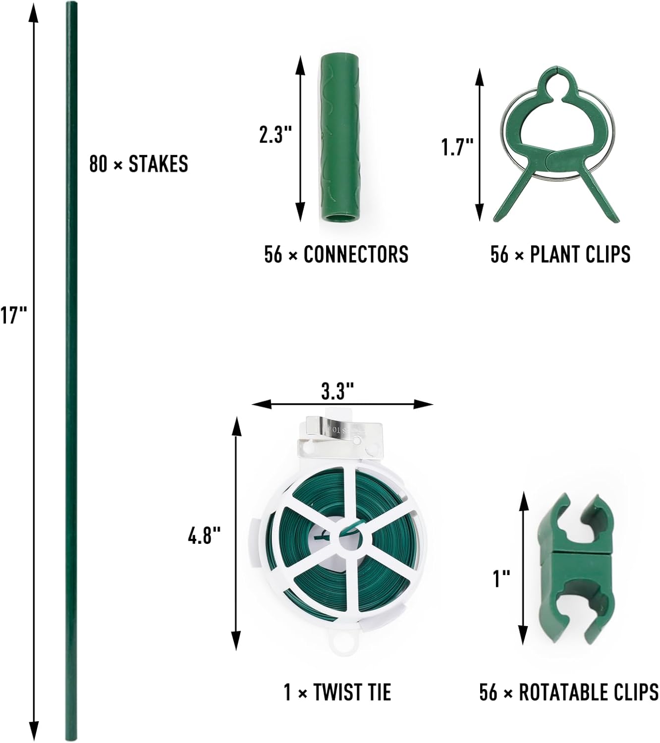 MAXPACE 249pcs Garden Stakes Kit: Includes 80 Sets of Fiberglass Plant Sticks Supports & Accessories for DIY 4ft, 5ft, 6ft, 7ft Stakes for Tomato, Vegetables, Indoor & Outdoor Gardening Supplies