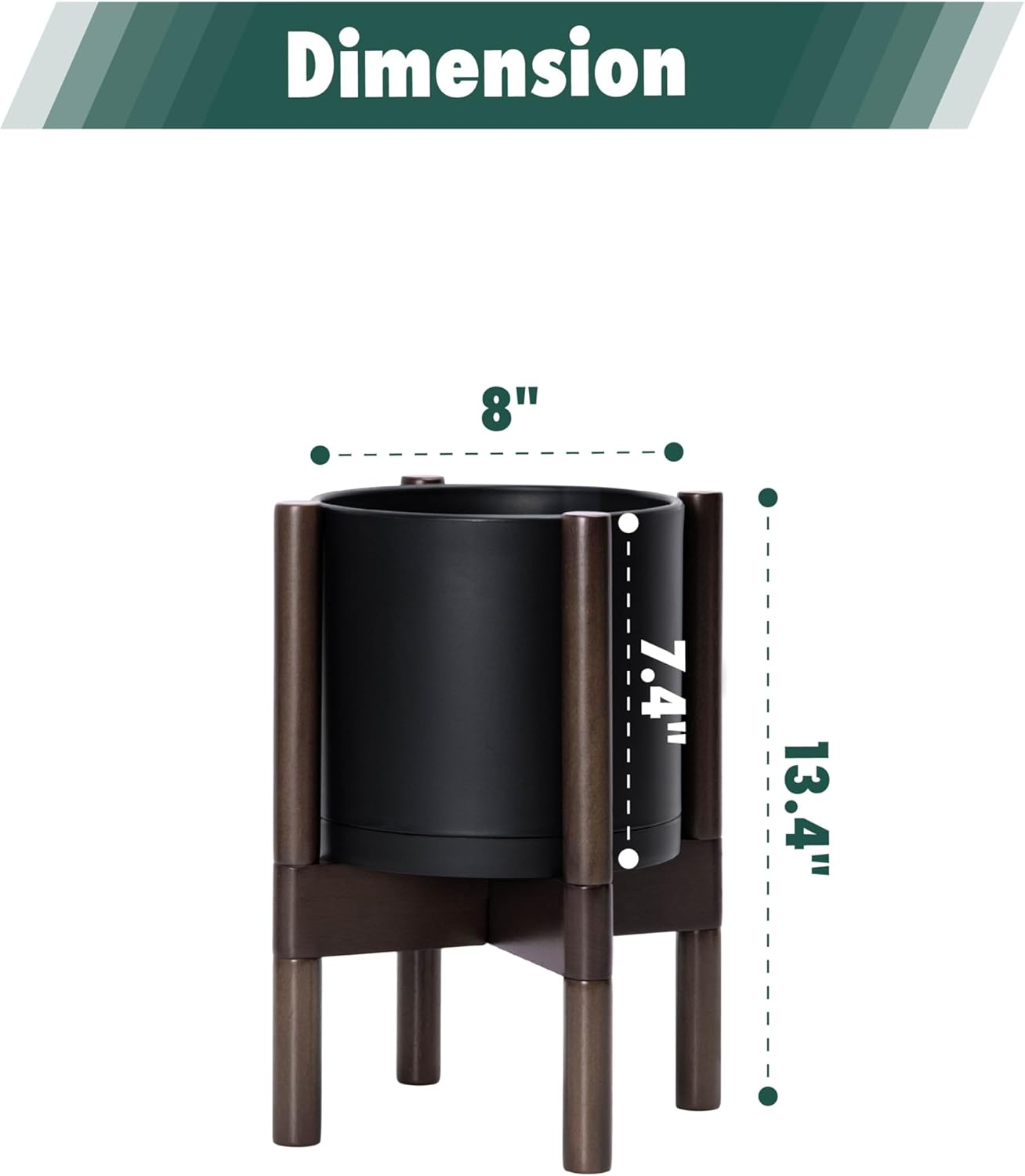 D'vine Dev Planter Pot with Stand - 8 Inch Plastic Cylinder Flower Pot with Wood Planter Holder for Indoor, Matte Black Pot + Walnut Color Stand, 55-C-I-2