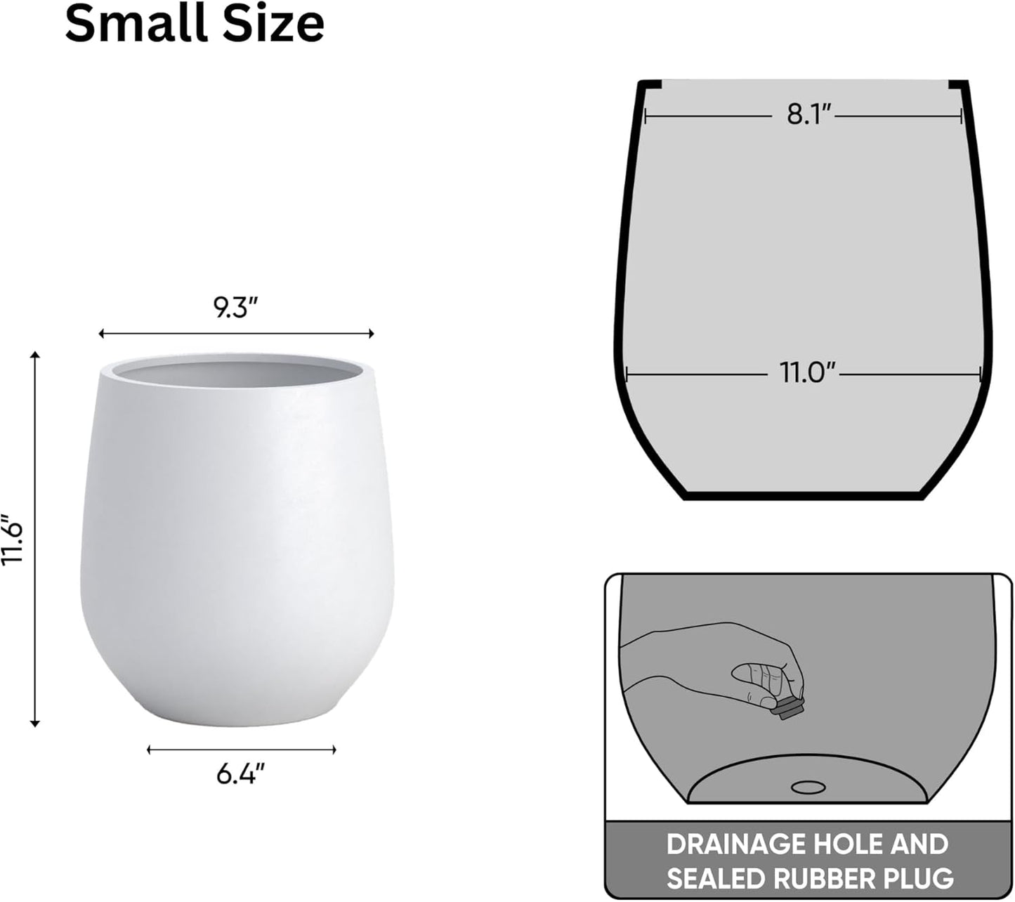DTY Signature Mount Wilson Lightweight and Durable Modern Fiberstone Tapered Planter for Indoor Outdoor Drainage Hole & Rubber Plug Weather Resistant, 11.8" H x 11" Dia, 8" Opening - Small, White