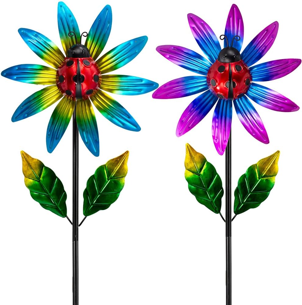 2 Pack Wind Spinner Outdoor,Waterproof Metal Windmill with Ladybug,Pinwheels for Yard and Garden, Flower Wind Sculpture & Spinner for Patio Lawn Decor
