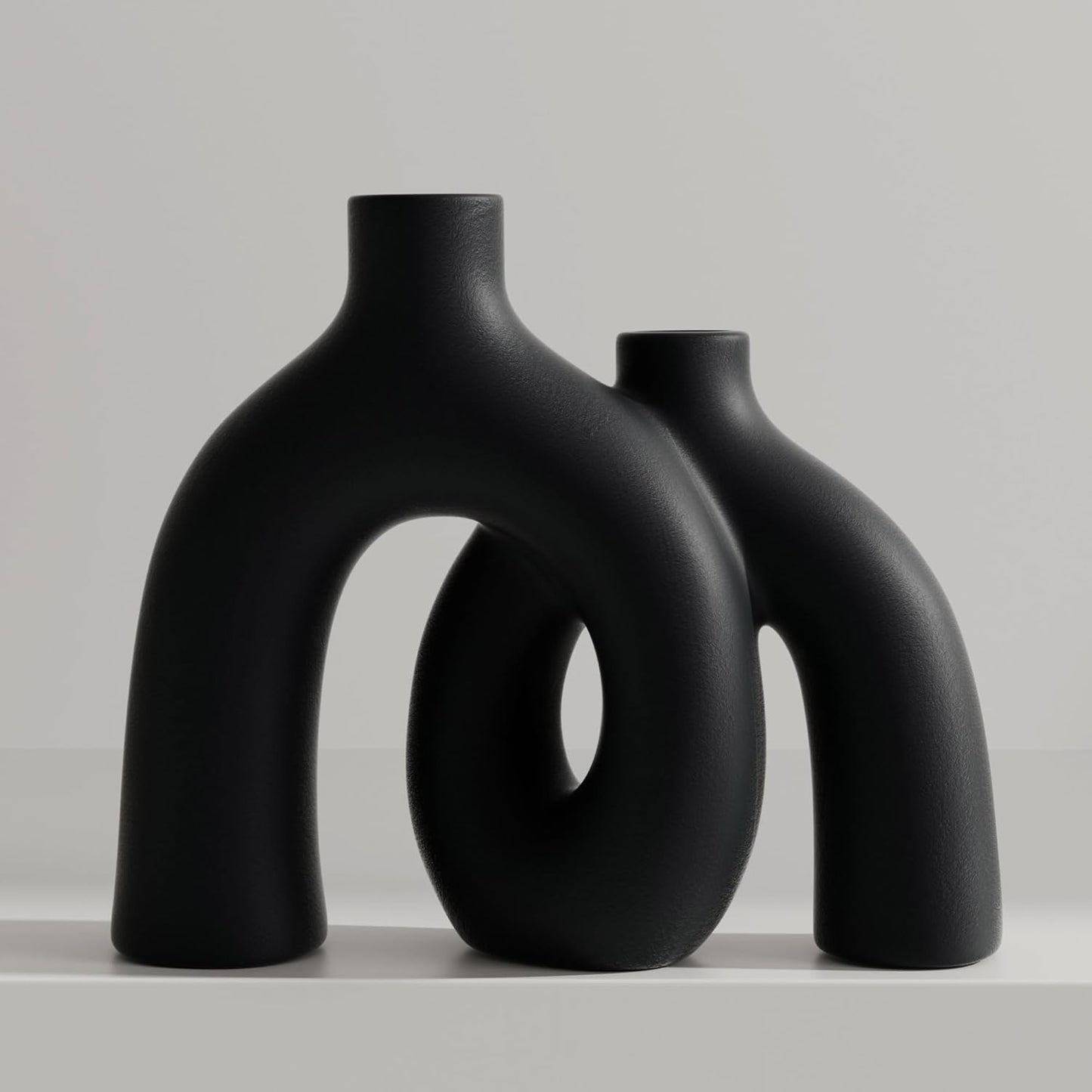 Matte Black Vase Set - Hug Hollow Donut Aesthetic Ceramic Vases Home Decor, Modern Nordic Minimalist Decorative Vase for Table Centerpiece Bookshelf Office Entryway Console Fireplace (Black)
