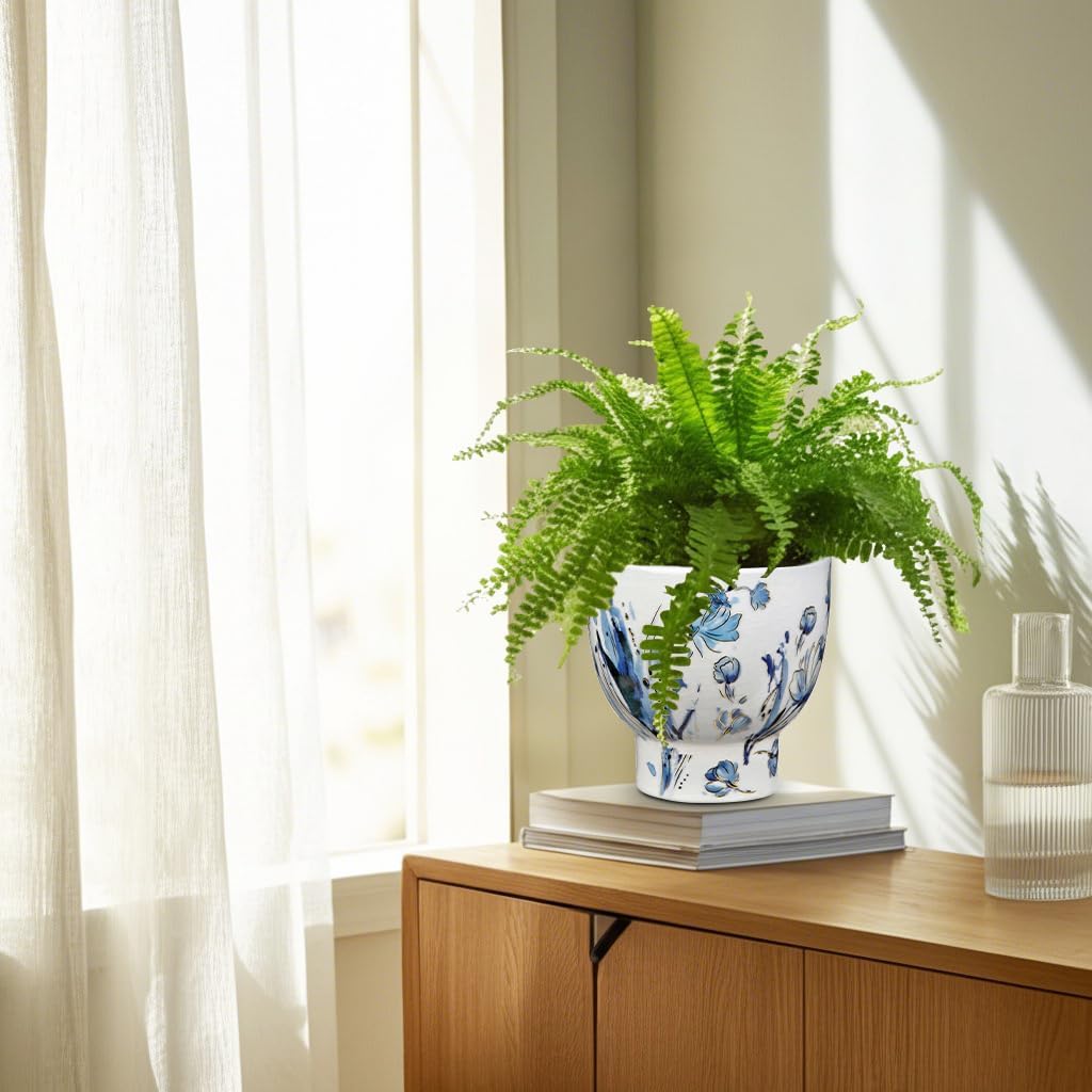 5.5 Inch Decorative Flower Pots, Blue and White Plant Pot Gold Accent Ceramic Planters for Indoor Plants Pots with Drainage Retro Planter Pot for Succulents Cactus Herb Snake Plants Outdoor Garden