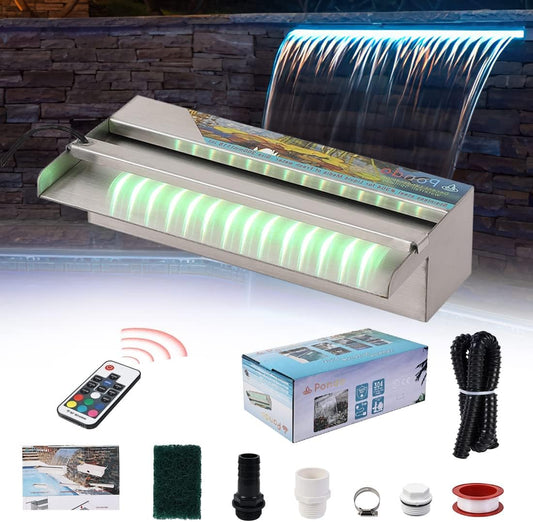 PONDO Pool Fountain, Stainless Steel Waterfall Spillway with Wider Water Flow Platform, Multi-Color LED Light & Spillway Cleaning Kit for Garden Outdoor Decoration (12 inch)