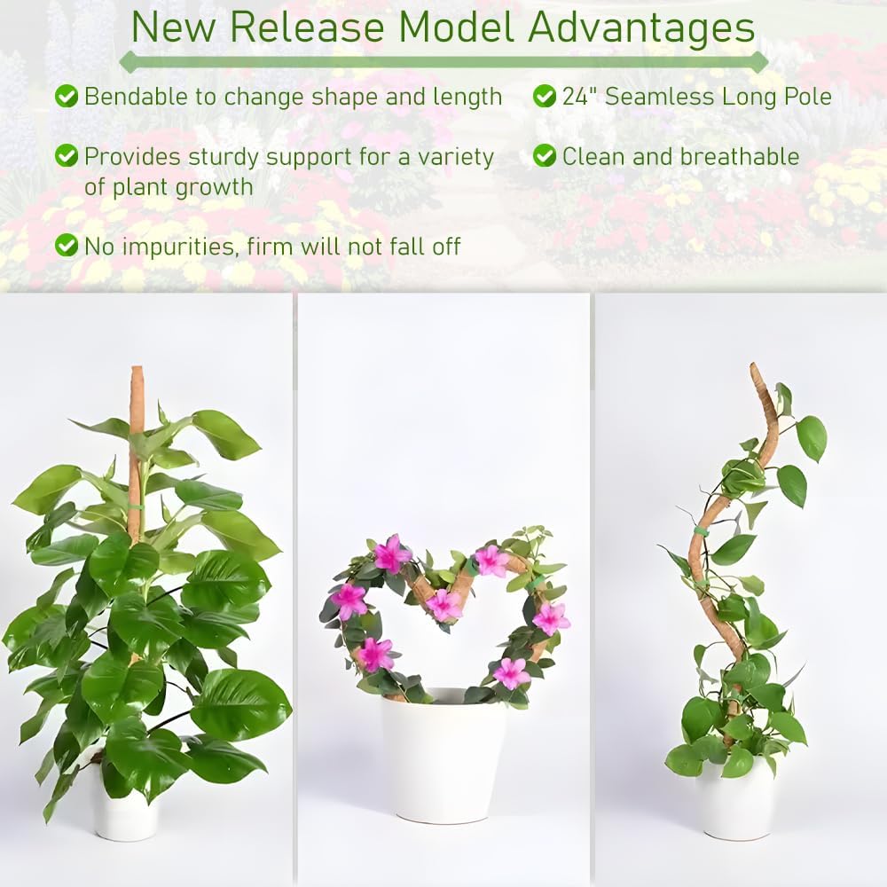 2 Pack Moss Pole for Plants Monstera, 28 Inch Bendable Plant Pole for Plant Support, Coco Coir Moss Poles for Climbing Plants, Handmade Moss Sticks for Creeper Plants Grow Upwards