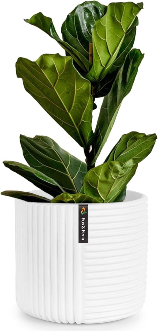 Fox & Fern 10 Inch Plant Pot with Drainage Plug — Premium Polystone White Plant Pot; Modern Planter with 3D Texture and Ceramic Finish; 10 Inch Pots for Plants Indoor & Outdoor