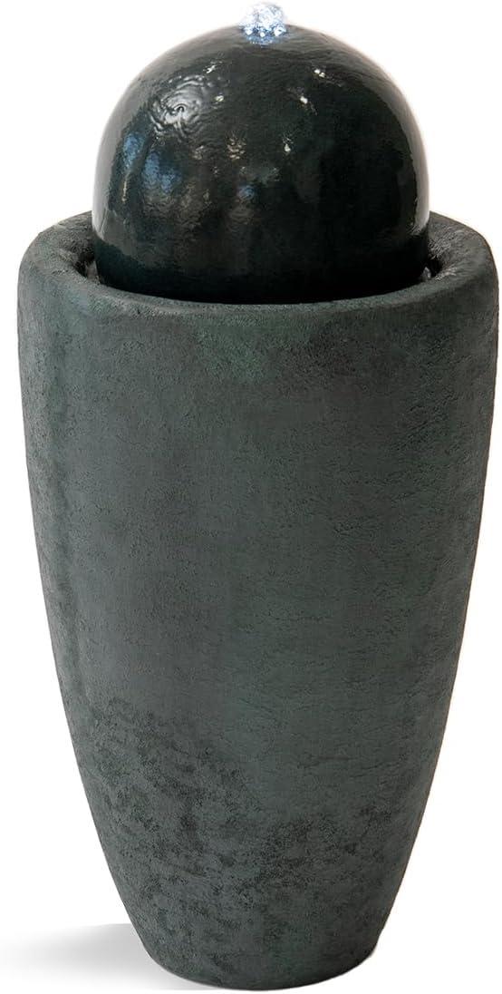 XBrand 25.98" H Round Stone Indoor/Outdoor Modern Stone Textured Sphere Water Fountain w/LED Lights Dark Green
