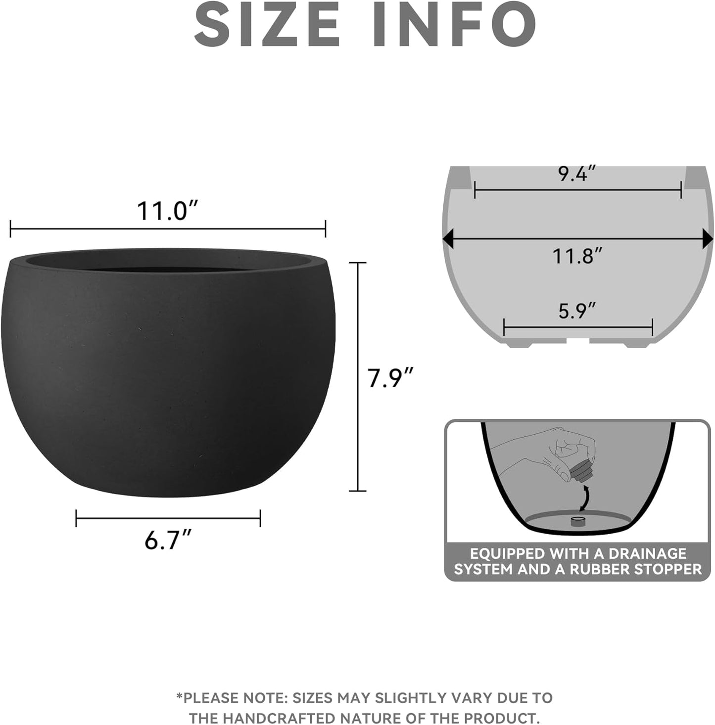 Kante 11.8" Dia Round Concrete Planter, Outdoor/Indoor Large Bowl Plant Pots with Drainage Hole and Rubber Plug for Garden Patio Balcony Home, Black