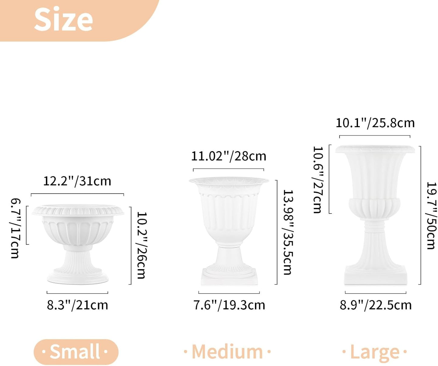NUPTIO 6 Pcs Classic Urn Planter, 10.23 inch Tall Large Plastic Outdoor Urns Planters, Pedestal Flower vases Plant Pot, Resin Grecian Plants Pots for Garden Porch Front Door, White