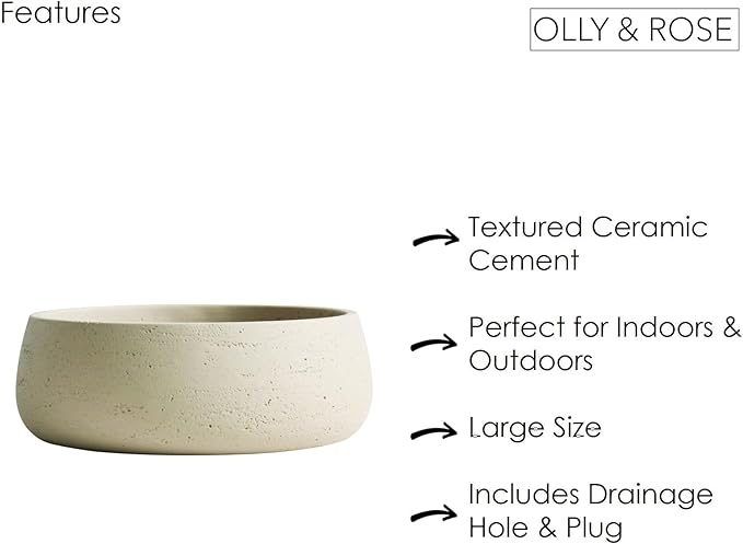 Olly & Rose Large Ceramic Planter Bowl Shallow Plant Pot - Off White Cream Ivory Flower Pot Indoor and Outdoor Decorative Bowl Garden and Home Décor