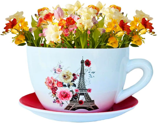 7.5" Ceramic Teacup Planter Pot with Saucer | Ideal for Succulents, Orchids, Herbs & Flowers | Indoor & Outdoor Use | Thoughtful Gift for Wedding & Home Decor & More - RED - Paris Eiffel Tower