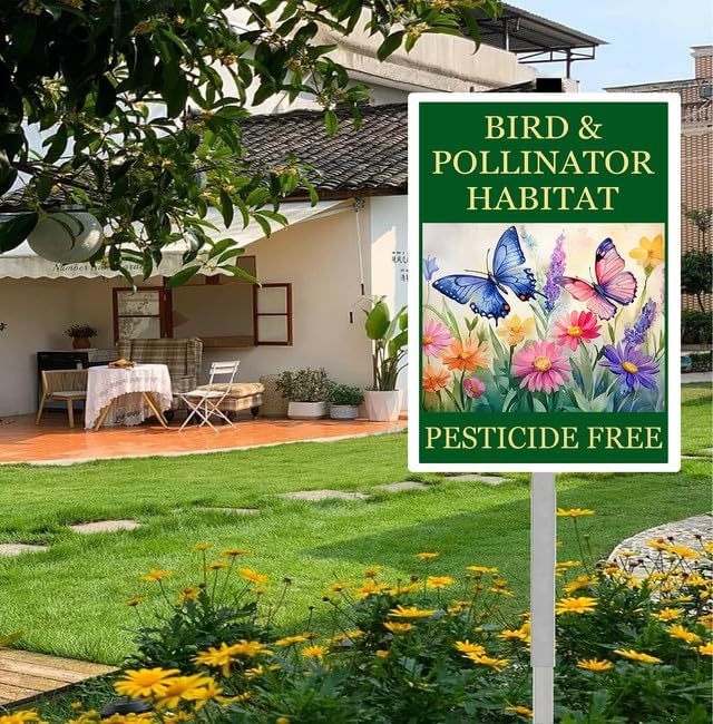Bird and Pollinator Habitat Pesticide Free Yard Sign With Stakes 8X12 inches Rustproof Reflective Aluminum Pollinator Friendly Garden Sign Stand Butterfly Outdoor Decor