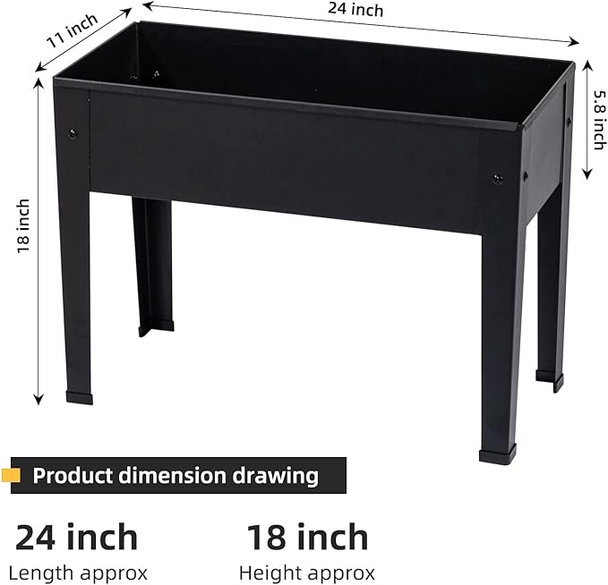 Raised Garden Bed, Elevated Planter Black Metal Plant Box with Legs Standing Garden Stand Drainage Holes Black(Black 24" L x 11" W x 18" H)